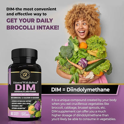 DIM Supplement with Broccoli Extract and BioPerine - Natural Hormone Balance Support for Women and Men - Estrogen Balance - Menopause, Acne - 60 Vegetarian Capsules with Calcium D-Glucarate