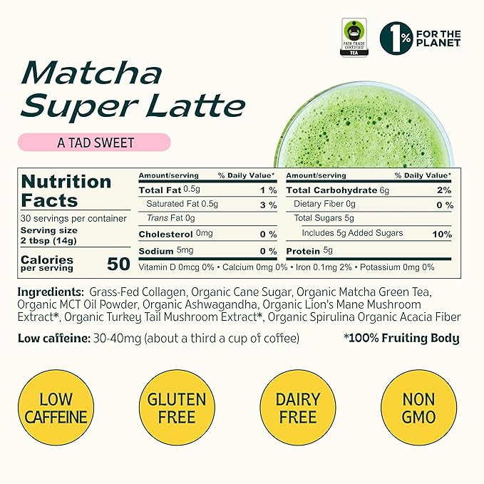 JIBBY Mushroom Matcha Super Latte - Ceremonial Grade Green Tea Organic Matcha Powder, Collagen, MCT Oil, Superfood Mushrooms, Matcha Latte Collagen Powder, Matcha Powder (A Tad Sweet, 30 Servings)