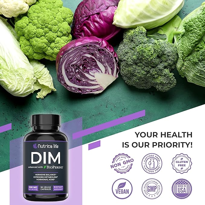 DIM Supplement 300mg - Diindolylmethane with Broccoli & BioPerine - Hormone Balance Support for Women & Men, Estrogen Metabolism, Menopause Relief & Hormonal Acne Control - 90 Vegan Caps