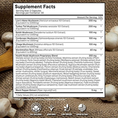 Mushroom Supplement with Turkey Tail 2000mg Reishi 1000mg Cordyceps Chaga 1000mg with Marshmallow Root - 60 Count