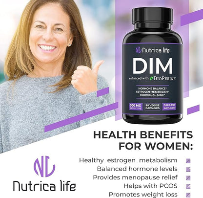 DIM Supplement 300mg - Diindolylmethane with Broccoli & BioPerine - Hormone Balance Support for Women & Men, Estrogen Metabolism, Menopause Relief & Hormonal Acne Control - 90 Vegan Caps