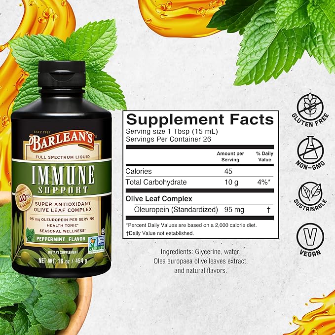 Barlean's Peppermint Olive Leaf Complex Liquid Immune Support Supplement with 95mg Oleuropein Antioxidants, 16 Ounce