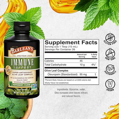 Barlean's Peppermint Olive Leaf Complex Liquid Immune Support Supplement with 95mg Oleuropein Antioxidants, 16 Ounce