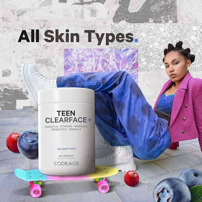 Codeage Teen Clearface Adolescent Face, Skin & Pimples, Vitamins A, C, D3, E, Pantothenic Acid, Niacin, Zinc Supplement Teenagers, Probiotics, L-Lysine, Omega-3, Oily Skin, Pores, Spots - 2 Pack