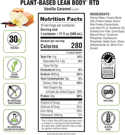Lean Body Ready-to-Drink, Plant-Based Vegan Vanilla 30g Protein, 12)