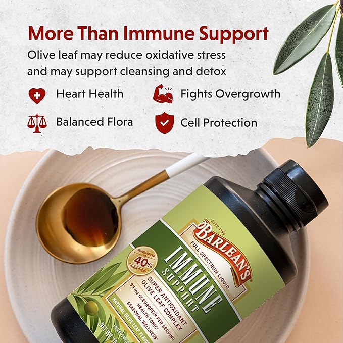 Barlean's Olive Leaf Complex Liquid Immune Support Supplement with 95mg Oleuropein Antioxidants, 8 Ounce