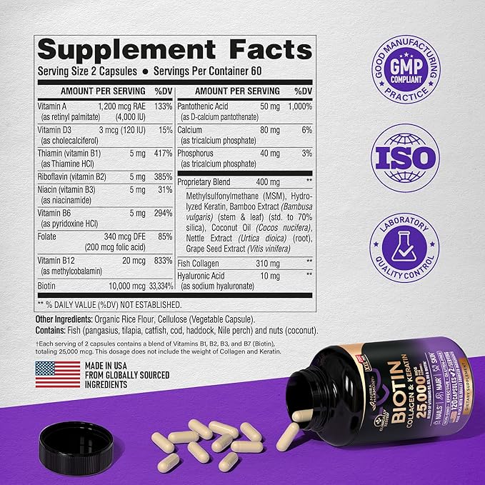 Biotin | Collagen | Keratin - 25000 mcg B2 | B3 | B6 | B7 - 120 Capsules