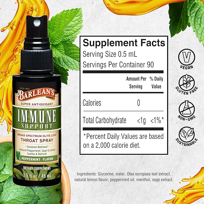 Barlean's Olive Leaf Complex Throat Spray with Peppermint, Lemon, and Sage for Itchy Throat Relief, Immune Support Supplement, Liquid Blended Extract, 1.5 oz
