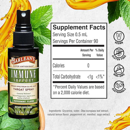 Barlean's Olive Leaf Complex Throat Spray with Peppermint, Lemon, and Sage for Itchy Throat Relief, Immune Support Supplement, Liquid Blended Extract, 1.5 oz