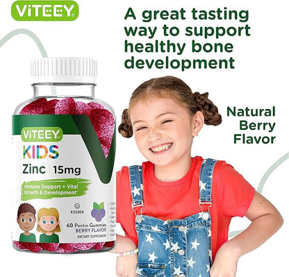 Zinc for Kids Gummies, 15mg - Immune Support for Kids & Teens - Powerful Natural Antioxidant, Kids Zinc Vitamin Supplement - Vegan, Gelatin Free, Gluten Free - Tasty Chewable Berry Flavor Gummy