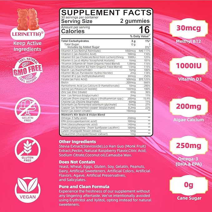 Multivitamin for Women Gummies for 40+ Omega-3,Niacinamide,B-Complex,Lutein,Iron,Choline, Phosphatidylserine,Vitamin D3 for Free,120 Count