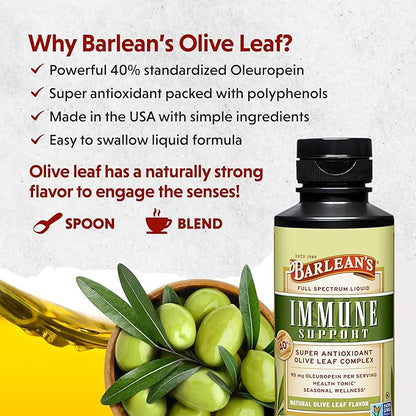 Barlean's Olive Leaf Complex Liquid Immune Support Supplement with 95mg Oleuropein Antioxidants, 8 Ounce