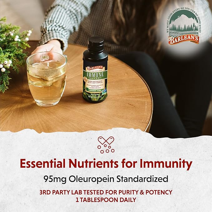 Barlean's Peppermint Olive Leaf Complex Liquid Immune Support Supplement with 95mg Oleuropein Antioxidants, 8 Ounce