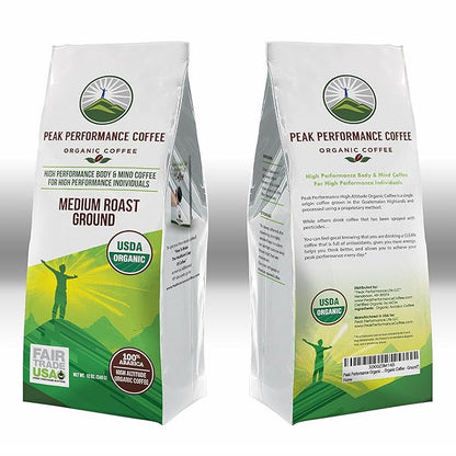 Peak Performance High Altitude Organic Coffee. Fair Trade, Low Acid, Non GMO, and Beans Full Of Antioxidants. Medium Roast Smooth Tasting USDA Certified Organic Ground Coffee Bag