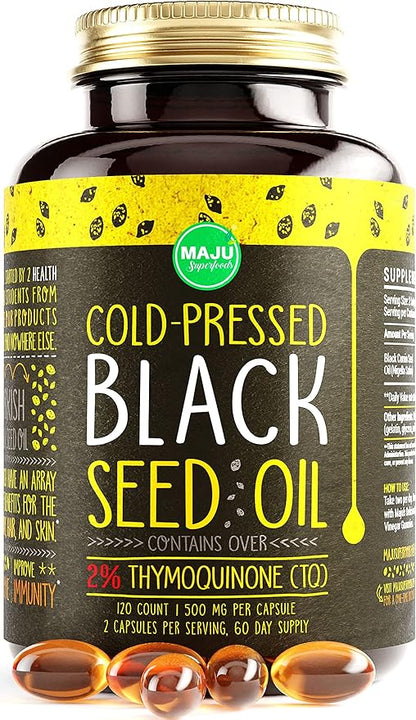 Maju Superfoods Black Seed Oil Capsules, Strong Cold Pressed, 2% Thymoquinone, 100% Turkish Black Cumin Nigella Sativa Seed Oil, Organic BSO, Liquid Blackseed Oil, 120 Count, 500mg per Capsule