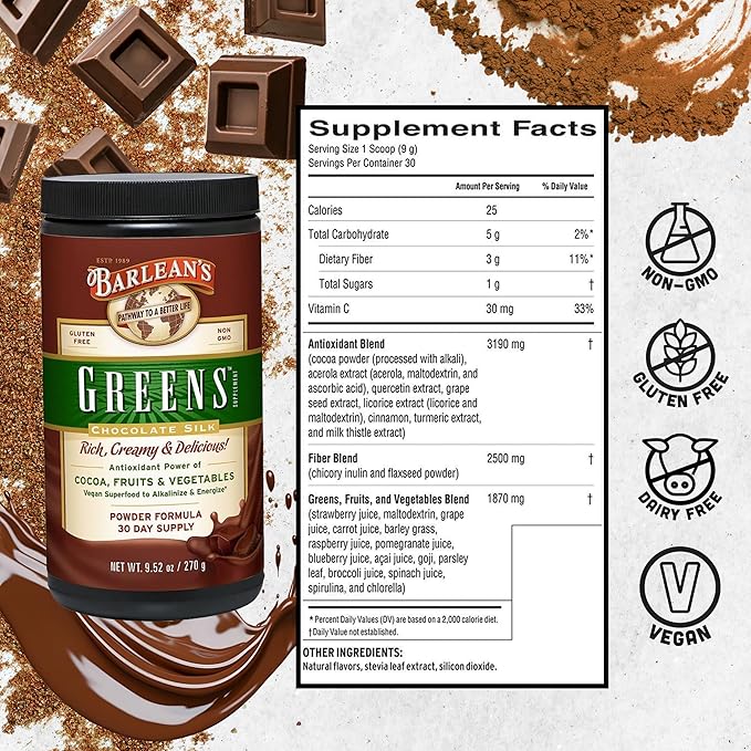 Barlean's Chocolate Greens Powder, Daily Fruits and Veggies Superfood Supplement, Green Antioxidant Blend and Fiber Super Power Smoothie Mix, 9.52 oz