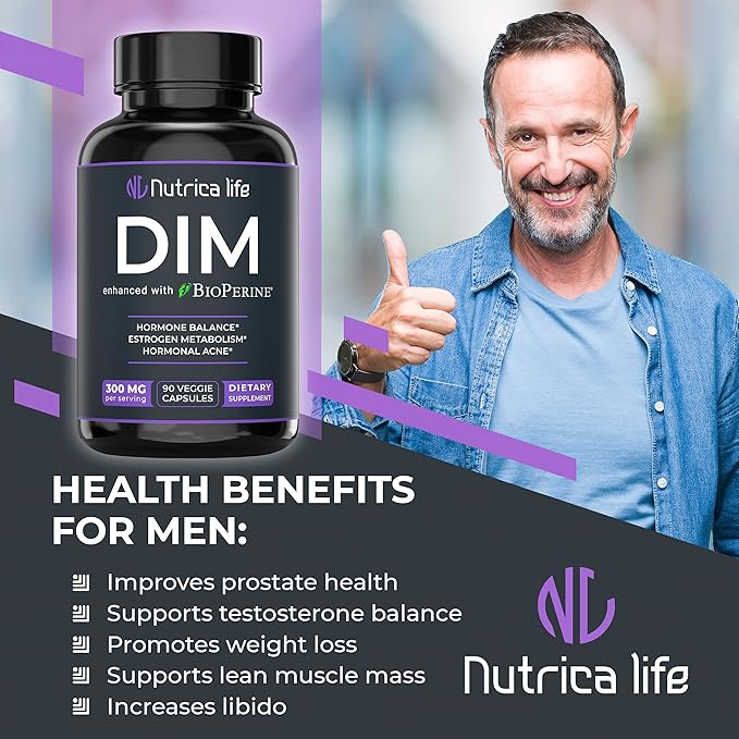 DIM Supplement 300mg - Diindolylmethane with Broccoli & BioPerine - Hormone Balance Support for Women & Men, Estrogen Metabolism, Menopause Relief & Hormonal Acne Control - 90 Vegan Caps