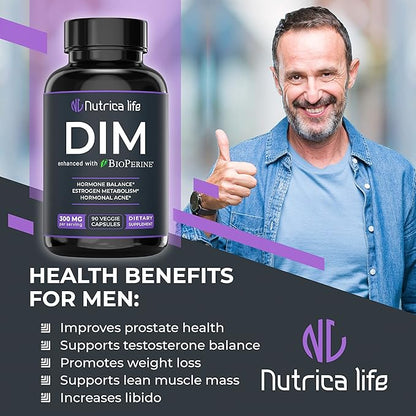 DIM Supplement 300mg - Diindolylmethane with Broccoli & BioPerine - Hormone Balance Support for Women & Men, Estrogen Metabolism, Menopause Relief & Hormonal Acne Control - 90 Vegan Caps