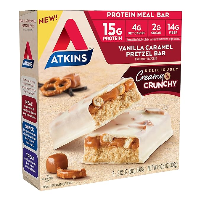 Atkins Vanilla Caramel Pretzel and Double 15g Protein, 2g and 1g Sugar, 5 Count