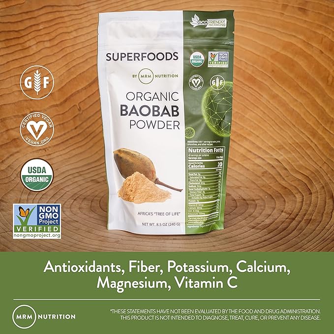MRM Nutrition Organic Baobab Powder | Superfoods | Digestive Health | Antioxidant | 40 Servings