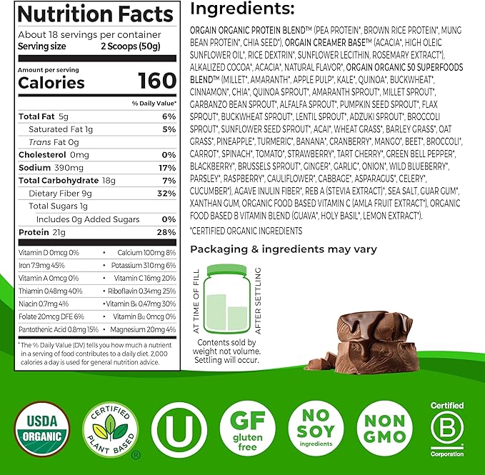 Orgain Organic Plant Based Protein + Superfoods Powder, 2.02 Pound (Pack of 1) - Packaging May Vary