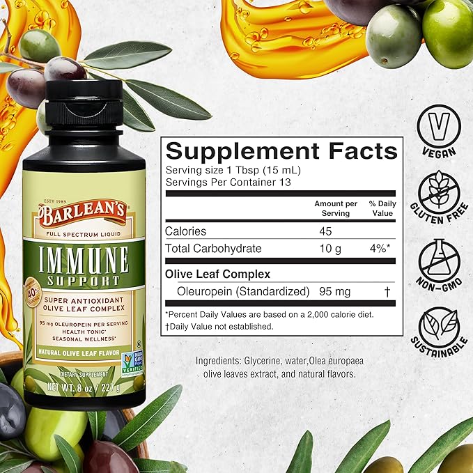 Barlean's Olive Leaf Complex Liquid Immune Support Supplement with 95mg Oleuropein Antioxidants, 8 Ounce