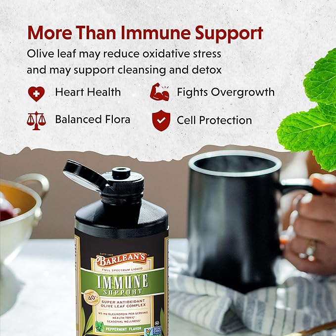 Barlean's Peppermint Olive Leaf Complex Liquid Immune Support Supplement with 95mg Oleuropein Antioxidants, 16 Ounce