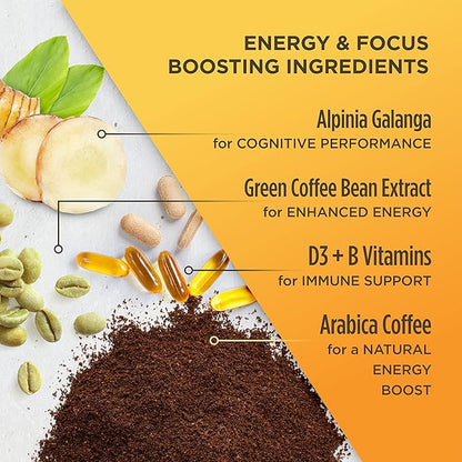 VitaCup Lightning Coffee Pods, for Focus w/ 2X Caffeine, Green Coffee Bean, B Vitamins, D3, Strong Dark Roast Coffee, Single Serve Pod Compatible with Keurig K-Cup Brewers, 64 Ct (4 packs of 16 ct)