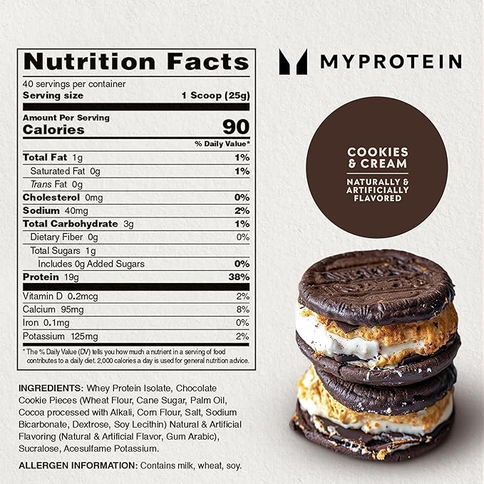 Myprotein Impact Whey Protein Isolate, 2.2 Lbs (40 Servings) Cookies & Cream, 19g Protein, 3.5g Glutamine & 4.5g BCAA Per Serving, Protein Shake for Muscle Strength & Recovery