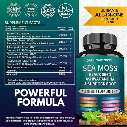 Sea Moss Advanced - Irish Sea Moss 3000mg Black Seed Oil 2000mg Ashwagandha 1000mg Bladderwrack 1000mg Burdock 1000mg Vitamins C&D - Sea Moss Overall Health, Immunity Support, 60 Sea Moss Capsules
