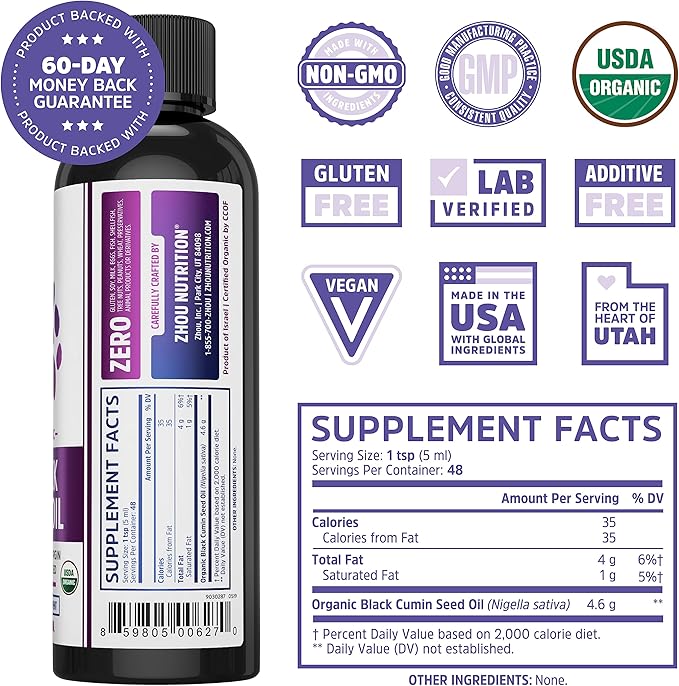 Zhou Organic Black Seed Oil | 100% Virgin Cold Pressed Omega 3 6 9 | Super Antioxidant for Immune Support, Joints, Digestion, Hair & Skin | Vegan, Gluten-Free, Non-GMO | 8oz