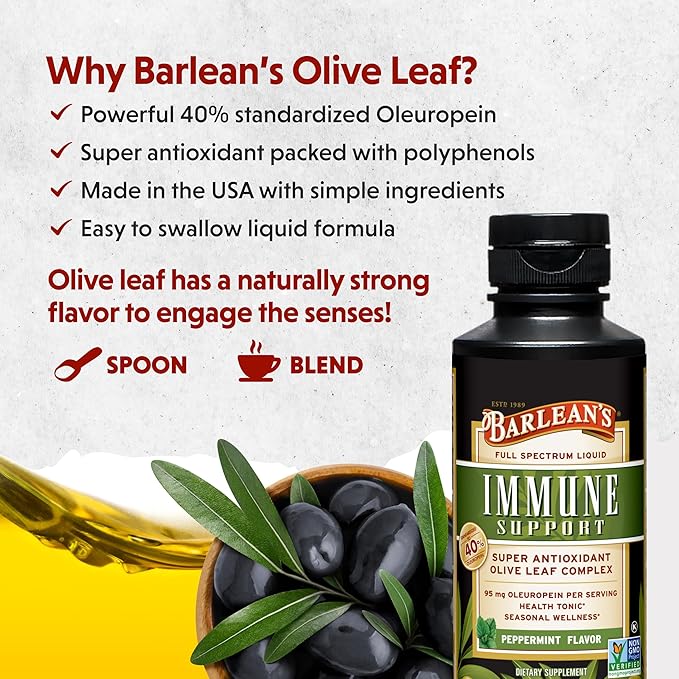 Barlean's Peppermint Olive Leaf Complex Liquid Immune Support Supplement with 95mg Oleuropein Antioxidants, 8 Ounce