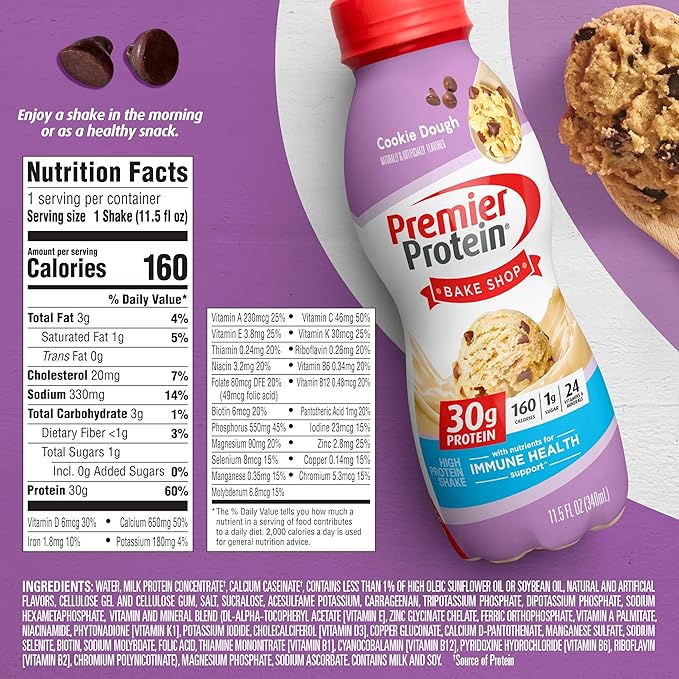 Premier Protein Shake, Cookie Dough, 11.5 (12 Pack), 30g Protein, 1g Sugar, 3g Carbs