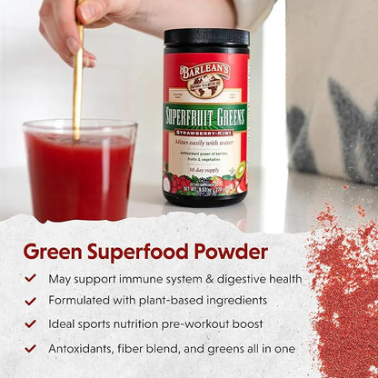 Barlean's Strawberry Kiwi Superfruit Greens Powder, Daily Fruits and Veggies Superfood Supplement, Green Antioxidant Blend and Fiber Super Power Smoothie Mix, 9.52 oz