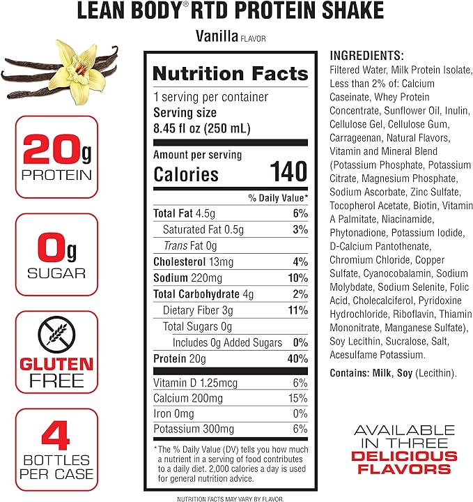 Lean Body Ready-to-Drink Vanilla Protein Shake, 20g Protein, 0 Sugar, 22 Vitamins 4)