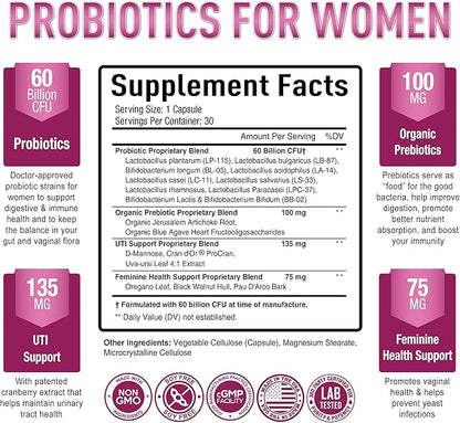 Purely Optimal Women's Probiotic Supplement - 60 Billion CFU with Prebiotics, 10 Strains Including Lactobacillus & Bifidobacterium, Digestive & Vaginal Health Support, UTI Defense - 30 Capsules
