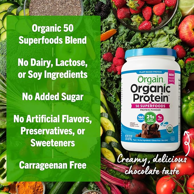 Orgain Organic Plant Based Protein + Superfoods Powder, 2.02 Pound (Pack of 1) - Packaging May Vary