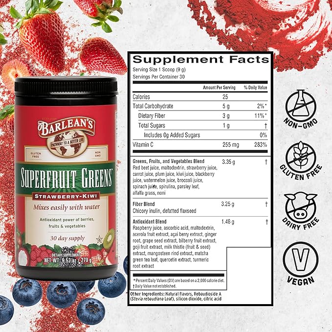 Barlean's Strawberry Kiwi Superfruit Greens Powder, Daily Fruits and Veggies Superfood Supplement, Green Antioxidant Blend and Fiber Super Power Smoothie Mix, 9.52 oz