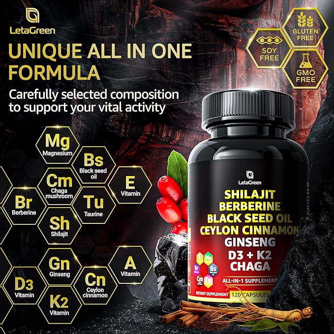 Pure Himalayan Shilajit Capsules 10,000mg 1000mg Berberine 2000mg Cinnamon 1000mg Ginseng 1000mg Chaga 500mg (120 (120 Count) All-in-1 Fulvic