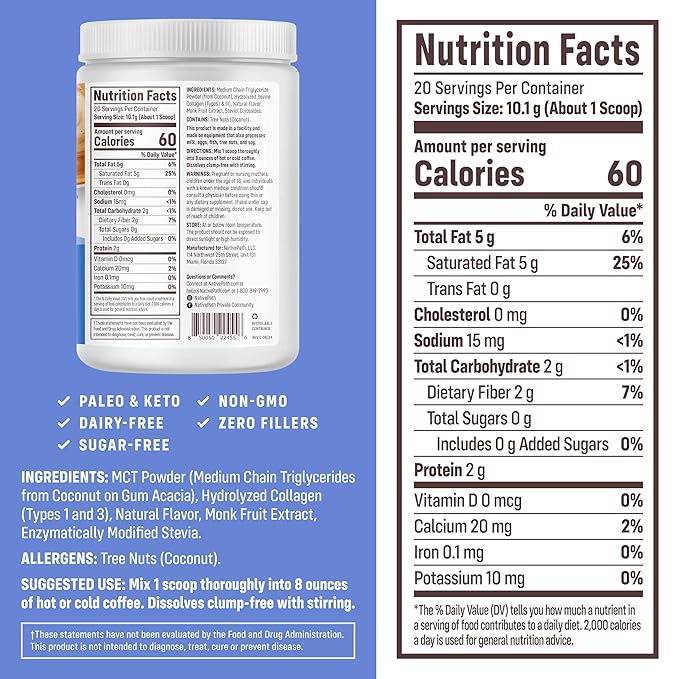 NativePath Keto Coffee Creamer Powder French Vanilla — Keto-Friendly, Non-Dairy & Low Sugar Creamer. Made with Grass-fed Collagen Protein Powder, MCT Oil & Monk Fruit. Soy & Gluten Free (7.1 OZ)