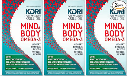 Kori Krill Kori Mind & Body Omega-3 Oil Omega 3, Brain Supplements for Memory and Focus, Lutein, Zeaxanthin, B12, Tumeric Curcumin, 60 Softgels (3 Pack)