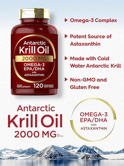 Carlyle Antarctic Krill Oil 2000 mg 120 Softgels | Omega-3 EPA, DHA, with Astaxanthin Supplement Sourced from Red Krill | Maximum Strength | Laboratory Tested