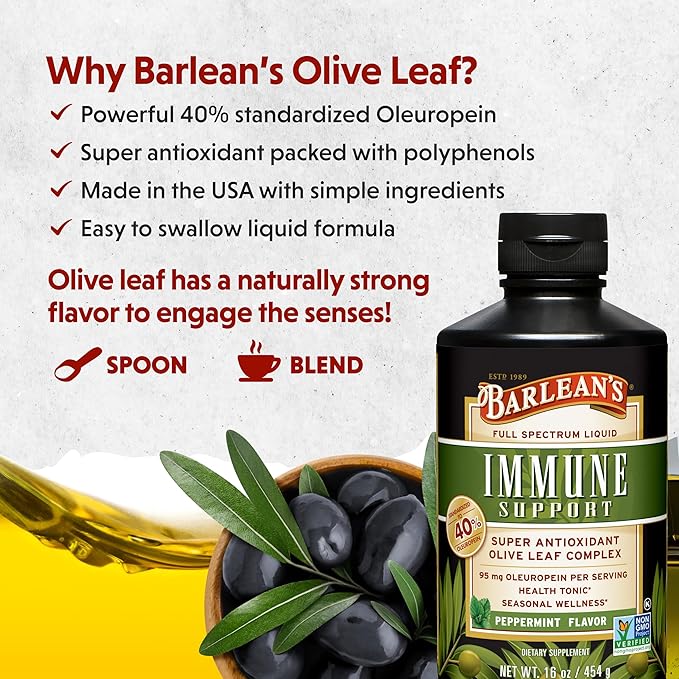 Barlean's Peppermint Olive Leaf Complex Liquid Immune Support Supplement with 95mg Oleuropein Antioxidants, 16 Ounce