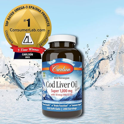 Carlson - Cod Liver Oil Gems, 1000 mg, 250 mg Omega-3s, 400 400 IU (10 mcg) D3, Wild 250 Softgels