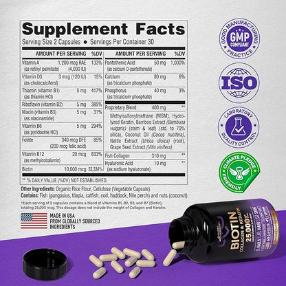 Biotin | Collagen | Keratin - 25000 mcg B2 | B3 | B6 | B7 - 60 Capsules