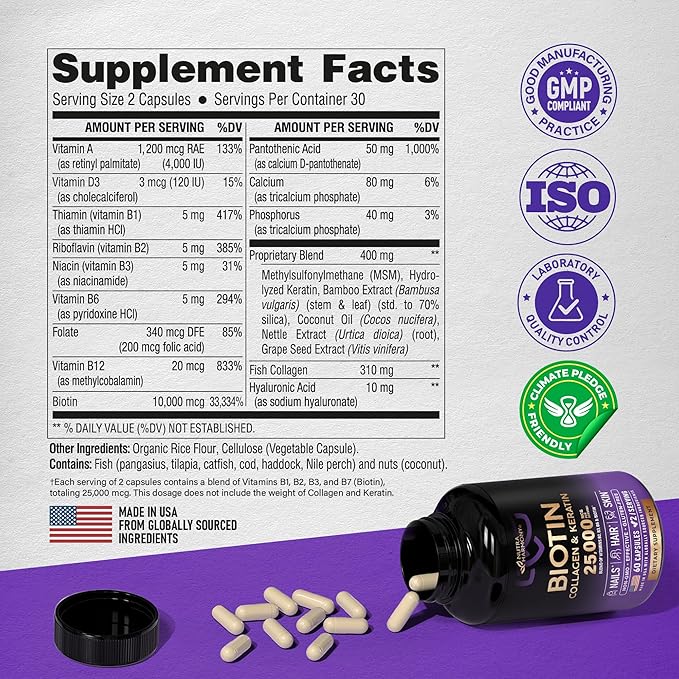 Biotin | Collagen | Keratin - 25,000 mcg B2, B3, B3, B6 B6 & B7 - 60 Capsules, 2 Capsules