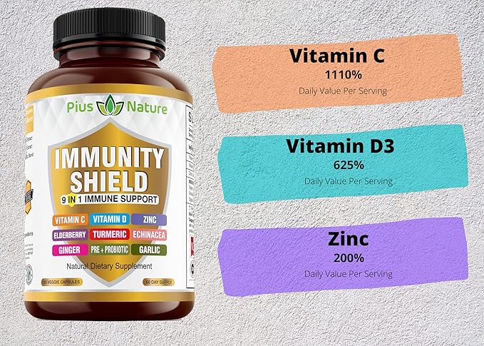 9-in-1 Immune Support Vitamin C (1000mg), D3 (5000 (5000 IU), Zinc(22mg) with (120 caps 2 month