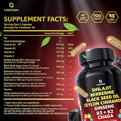 Pure Himalayan Shilajit Capsules 10,000mg 1000mg Berberine 2000mg Cinnamon 1000mg Ginseng 1000mg Chaga 500mg (120 (120 Count) All-in-1 Fulvic