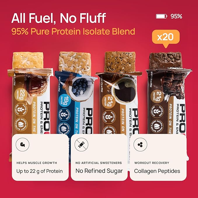 ProGo Protein Bars, Energy Bars – Up to 22g Clean Protein, 95% Pure Isolate for Muscle Growth, Collagen for Recovery, Low Calorie, Sweetened w/Honey & Peanut Butter (20-Count, Variety Pack)