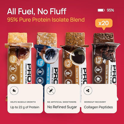 ProGo Protein Bars, Energy Bars – Up to 22g Clean Protein, 95% Pure Isolate for Muscle Growth, Collagen for Recovery, Low Calorie, Sweetened w/Honey & Peanut Butter (20-Count, Variety Pack)